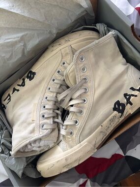 Balenciaga Cream Canvas High-Top Sneakers with Black Graphic